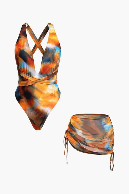 Siena - Set van gekruiste badkleding en aquarel pareo