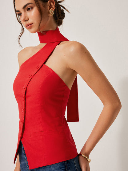 Katoen & Linnen Haltertop met Decoratieve Zakken