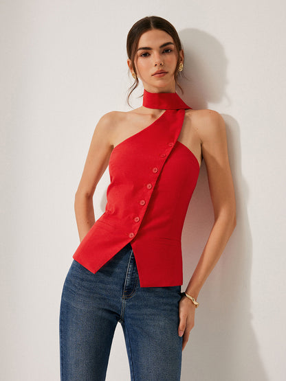 Katoen & Linnen Haltertop met Decoratieve Zakken