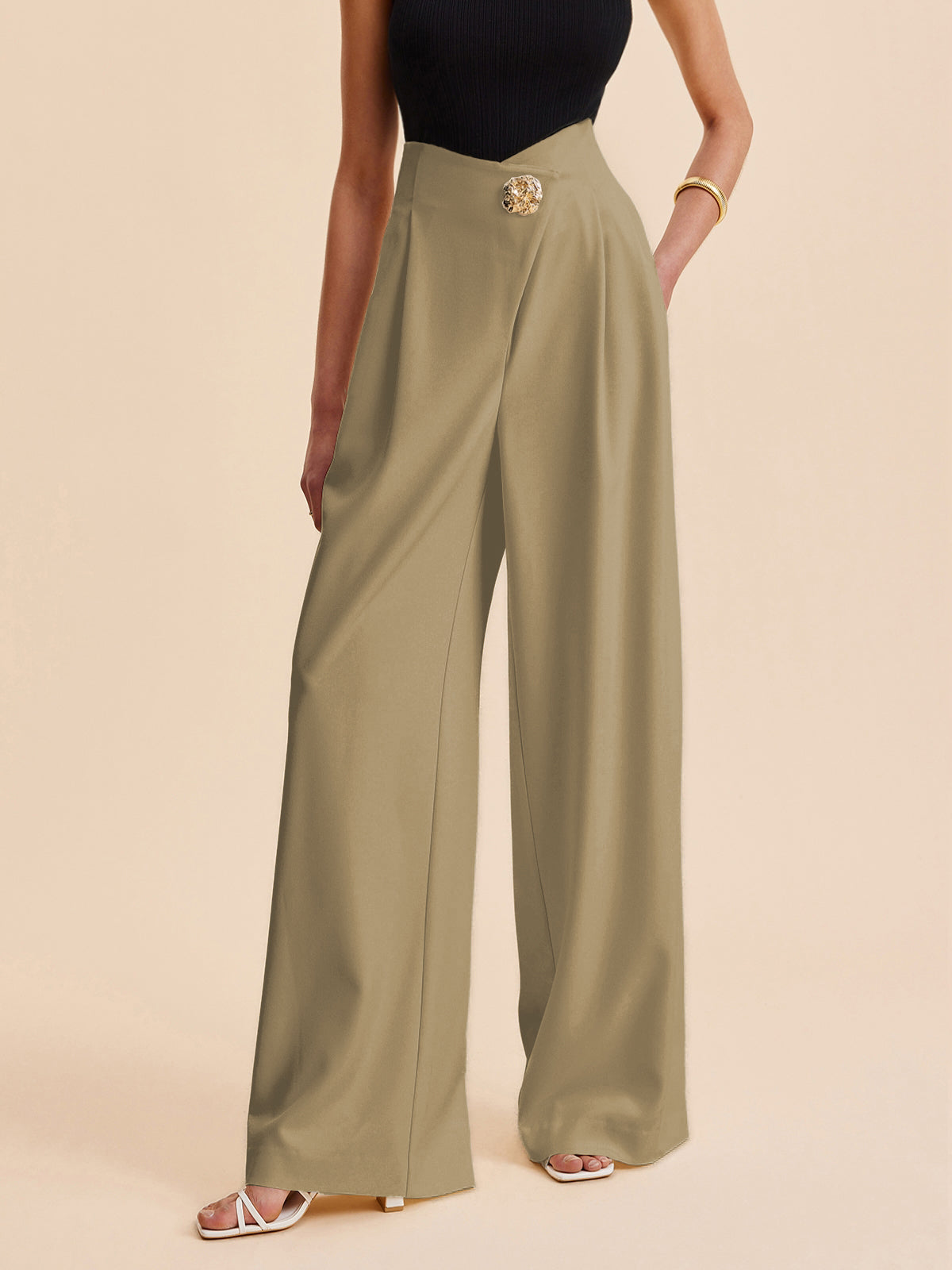 High-Waist Wide Leg Broek met Details