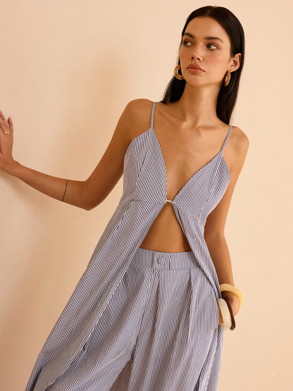 Gestreepte Lange Cami Top & Wide Leg Broek Set