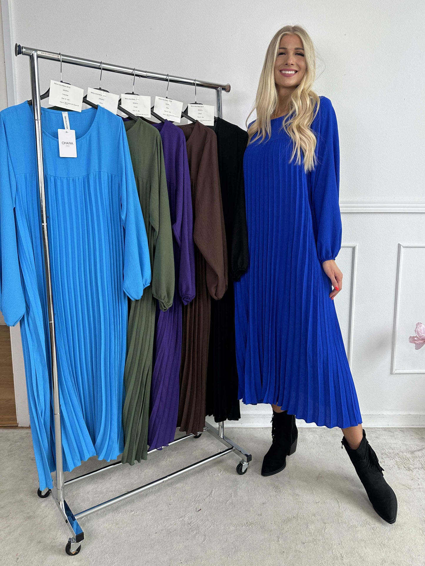 Katrina Long Sleeve - Lange jurk met plooien en zakken