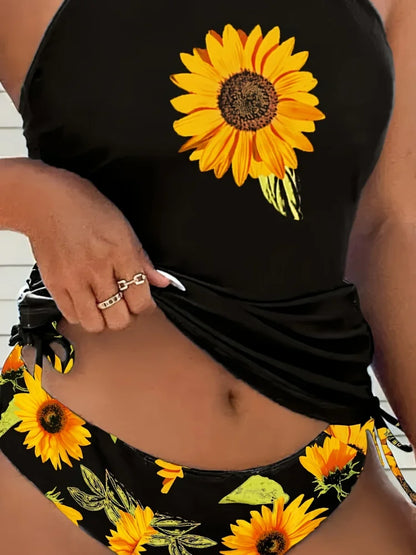 Soleado - Set van tankini met haltertop en zonnebloemprint die de buik bedekt