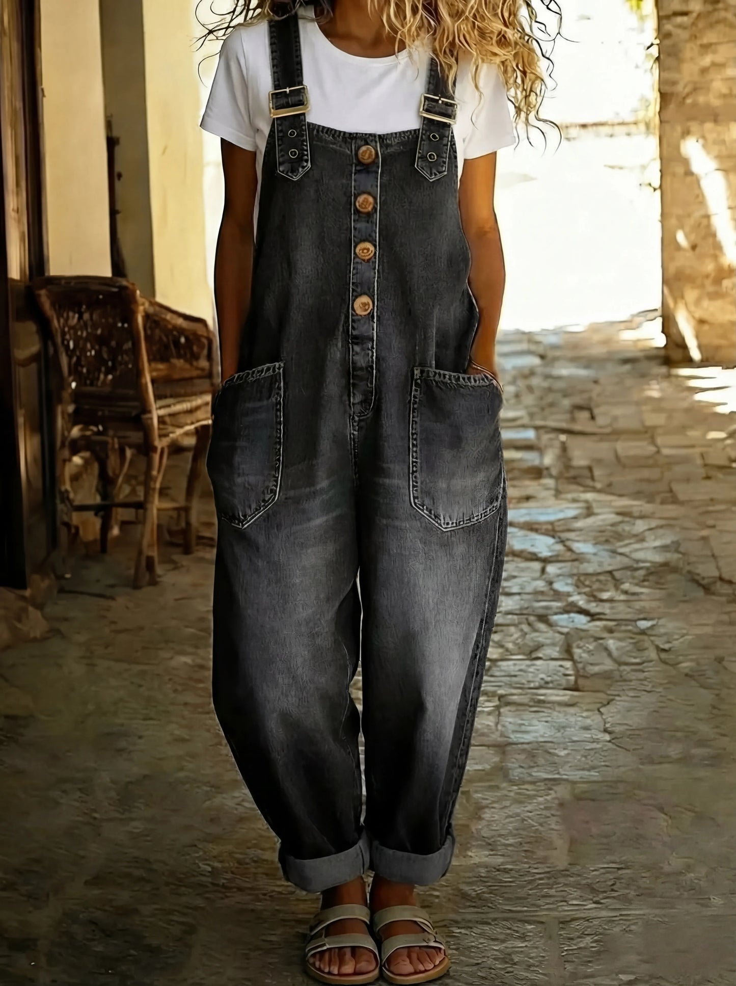 Lovas  - Casual denim jumpsuit met verstelbare gesp.